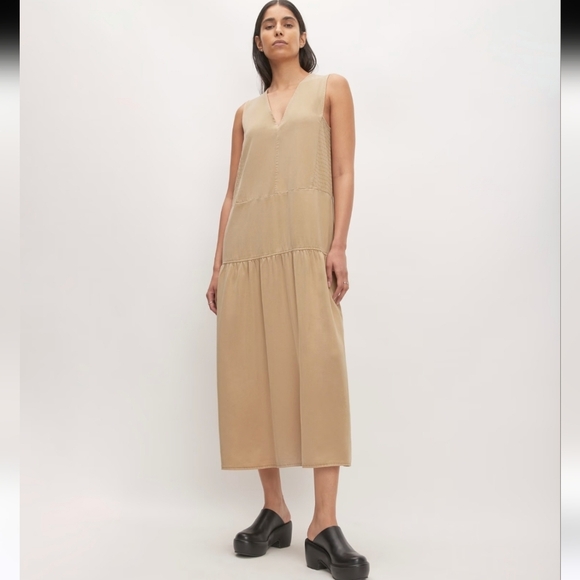 Everlane The Tencel V-Neck Tiered Mini Dress With Pockets Size XS NWT Lagenlook - Picture 1 of 12